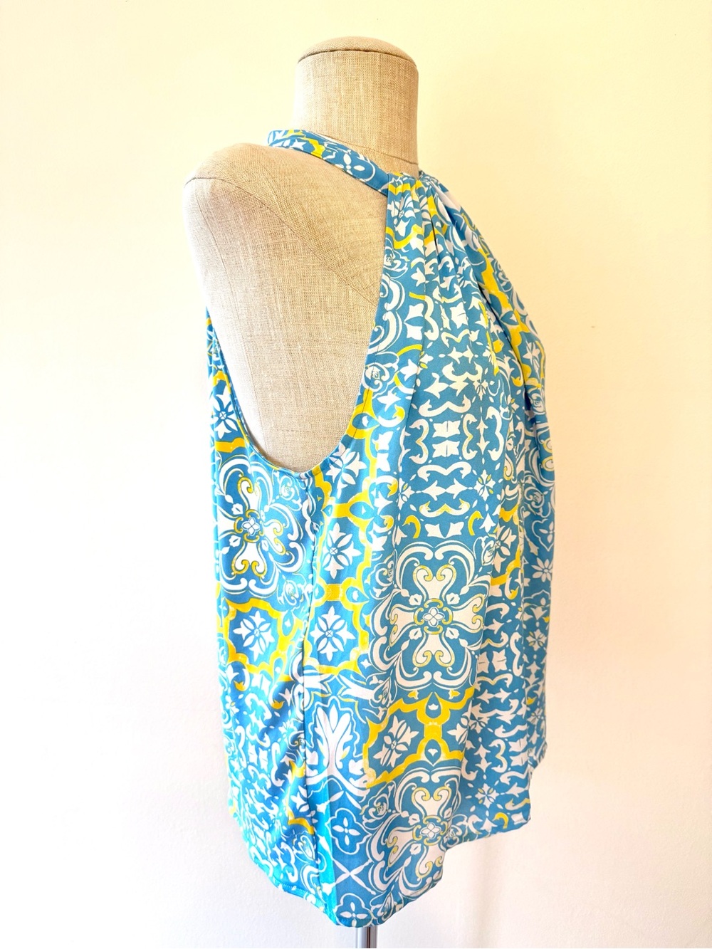 Ann Taylor Blue Yellow Tile Halter Top Blouse Petite Large Amalfi Resort Cruise - Picture 5 of 13